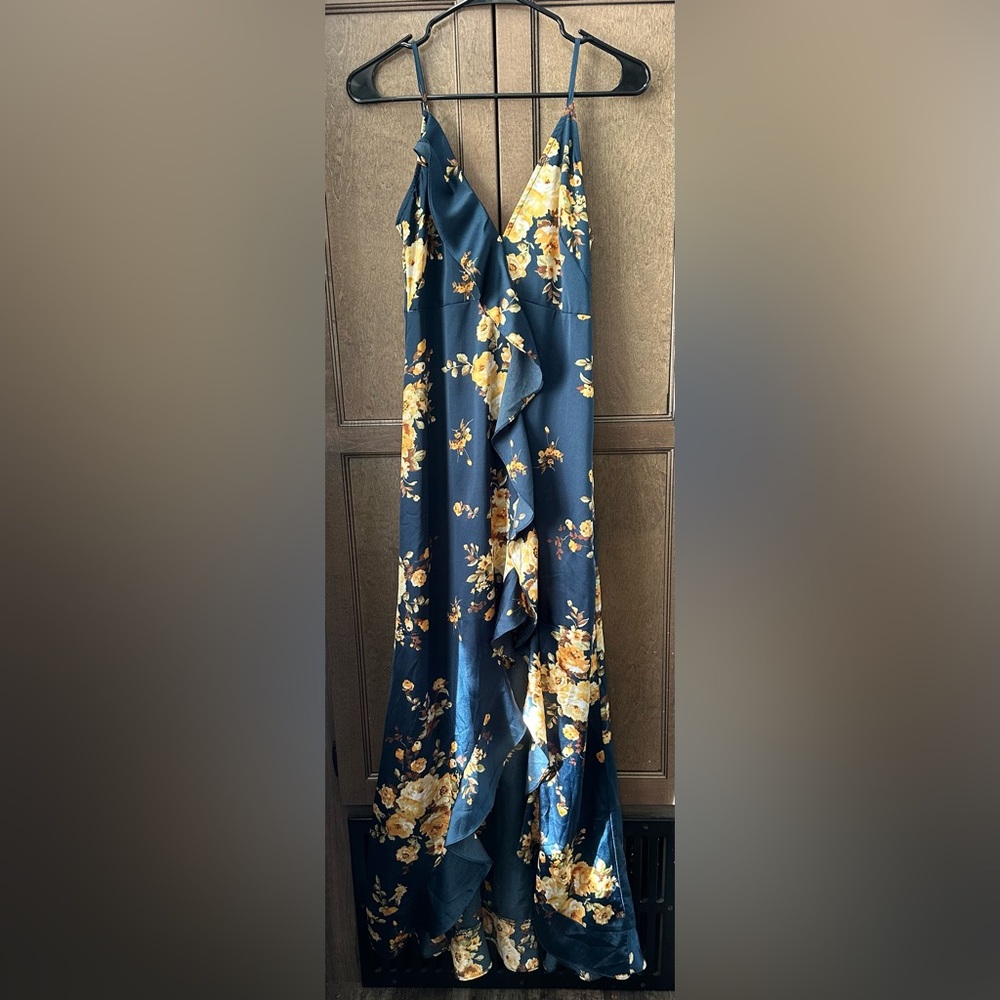Vici Capriccio Whimsical Satin Floral Ruffle Maxi Dress Size S